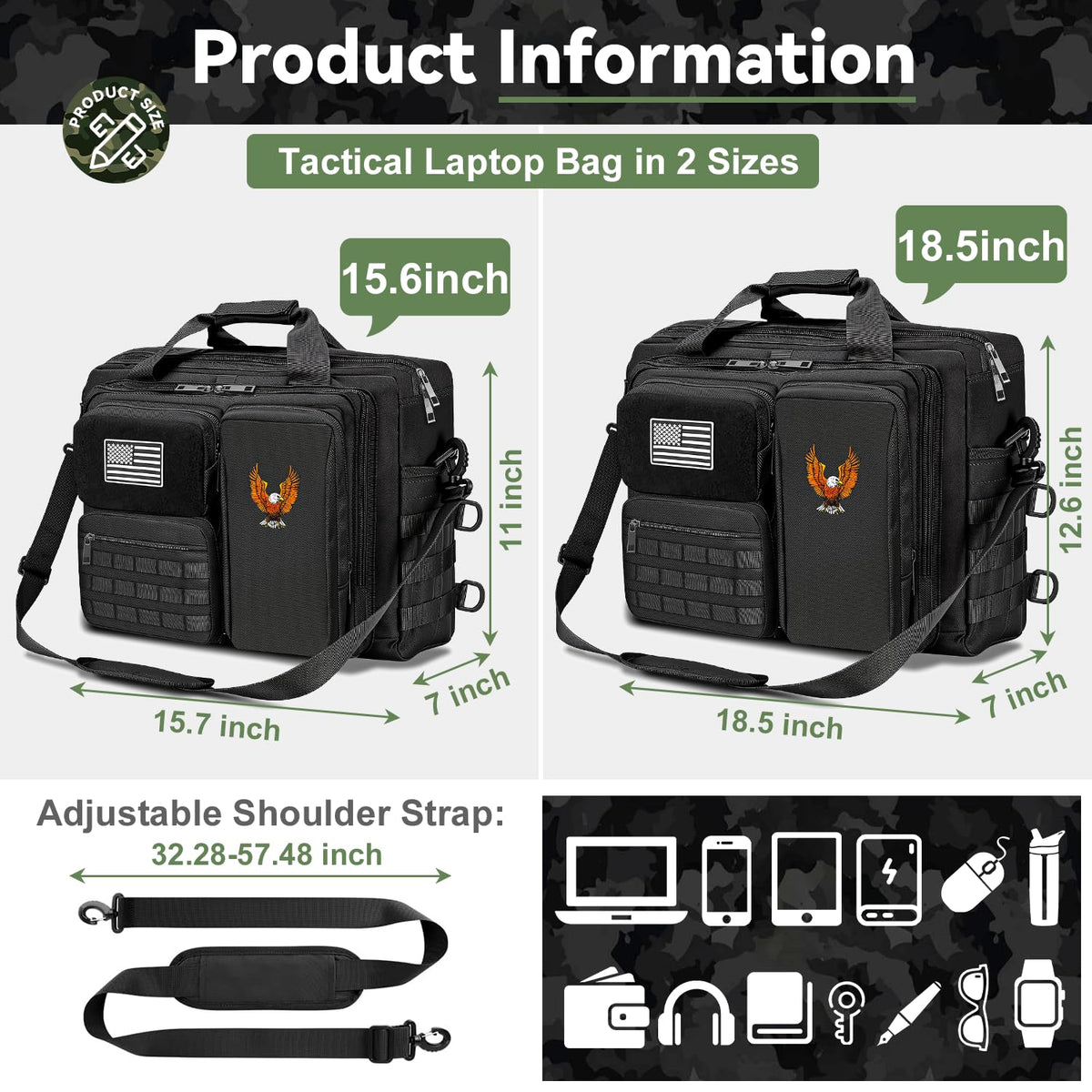 BYIECLD Tactical Laptop Bag for Men, 14 Inch & 18 Inch Military Messenger Bag, 900D Nylon Water Resistant Computer Bag with Luggage Strap, Multipurpose Work Bag for Travel, Business, Campus