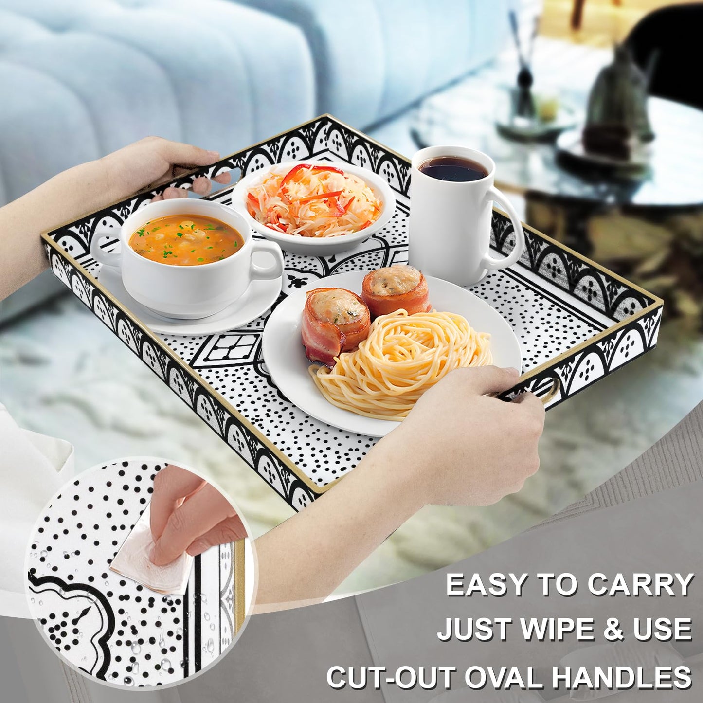 MAONAME Plastic Serving Tray with Handles, Modern Black Tray for Coffee Table, Rectangular Trays with Flower Pattern, Decorative Trays for Ottoman, 15.8" Lx 11.8" W X 1.6" H