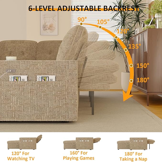 90 Inch Modular Sectional Sleeper Sofa Bed, 4 in 1 Pull Out Couch Bed