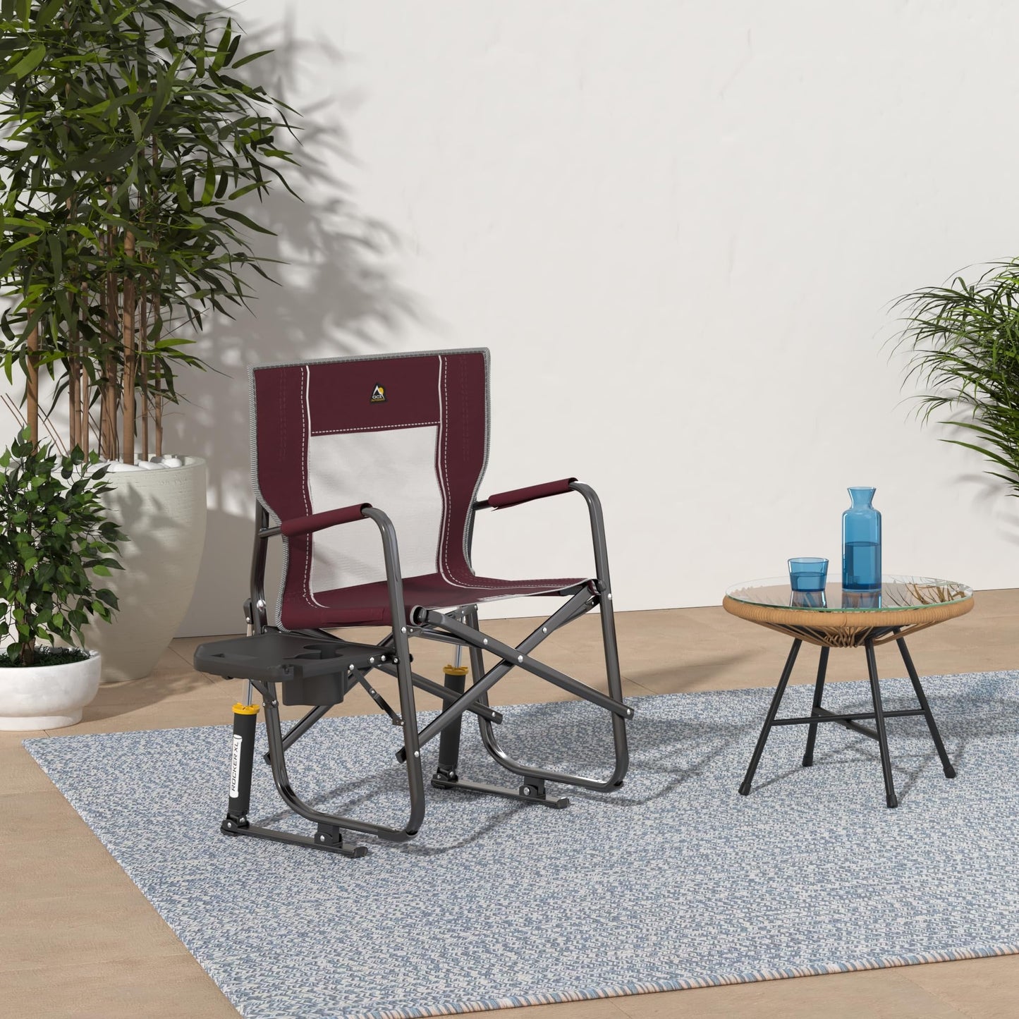 GCI OUTDOOR Freestyle Rocker XL with Side Table Camping Chair | Portable Folding Rocking Chair with Solid, Durable Armrests, Drink Holder & Comfortable Backrest — Red