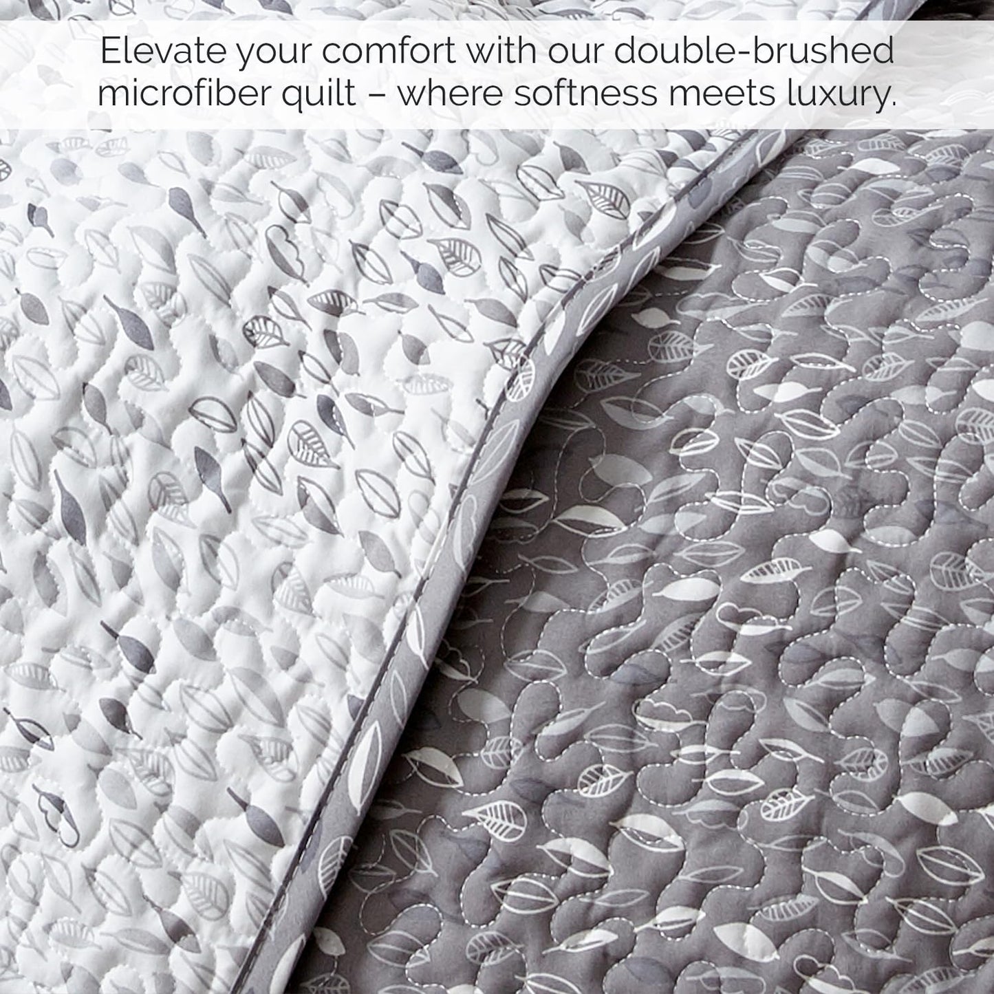 Southshore Fine Living, Inc. Twin Daybed Comforter Set, 6-Piece Bedding Set with Daybed Cover, 3 Pillow Shams, Bed Skirt, Throw Pillow - Twin Day Bed Quilt Set, Botanical Leaves Grey