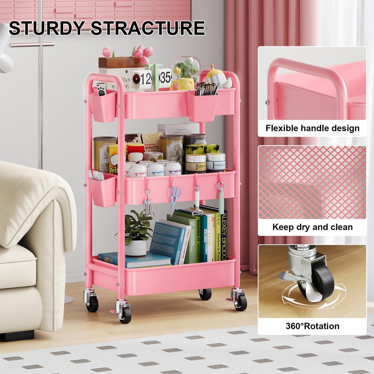 3 Tier Rolling Cart Metal with Lockable Wheels, Pink Three Tiered Diaper Caddy Cart Organizer on Wheels, Storage Utility Trolley Carts for Craft, Art, Nail, Lash, Baby Supplies, Cleaning, Mesh