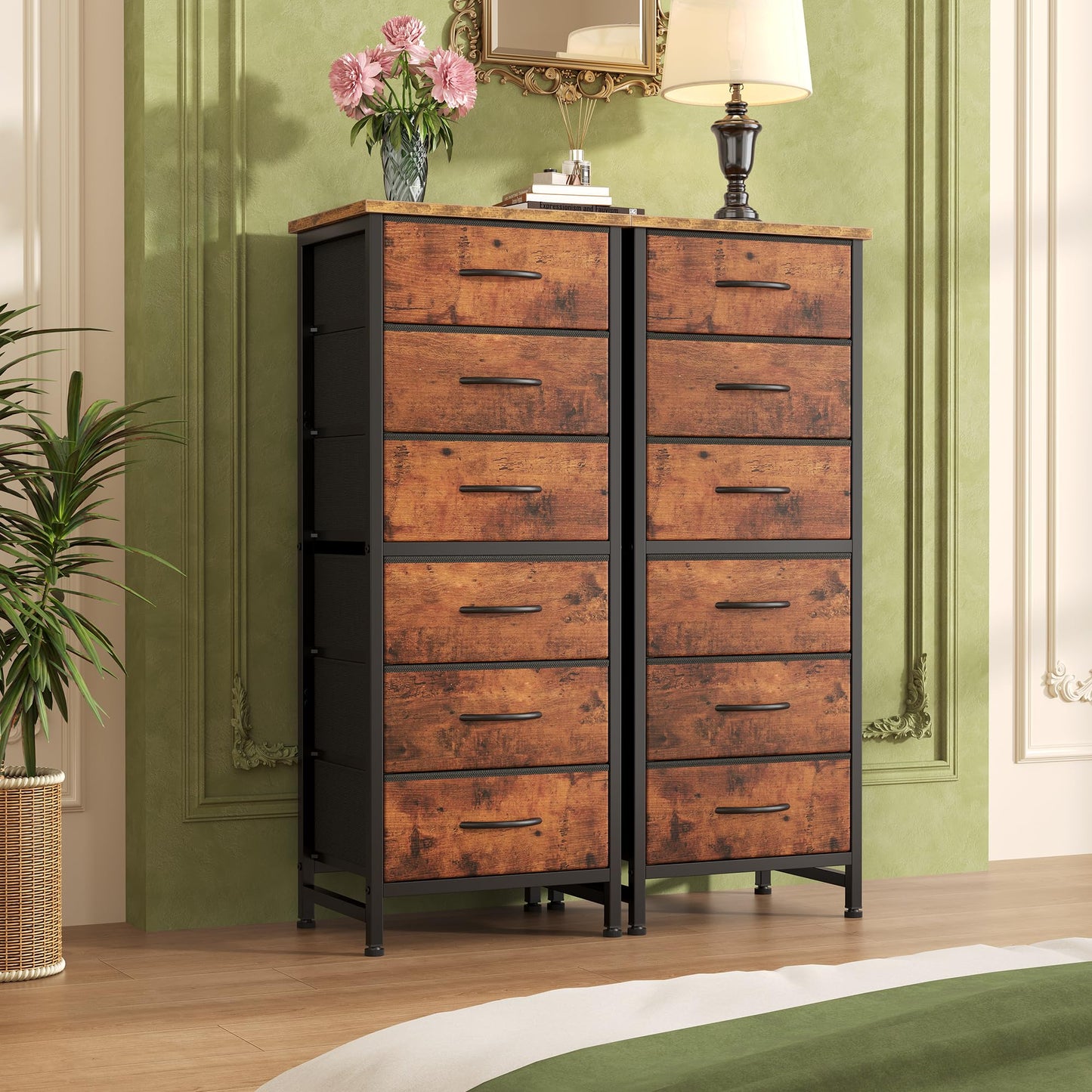 Sweetcrispy Tall Fabric Dresser for Bedroom, 6 Drawer Skinny Chest of Drawers, Narrow Storage Tower with Wood Top and Metal Frame, Vertical Nightstand for Closet, Bedroom Organization Furniture, Brown