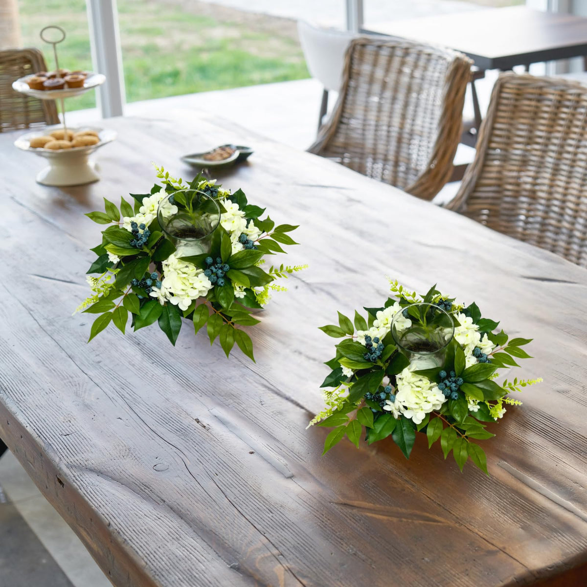 All Season Floral Arrangement Centerpiece for Table Glass Candle Holders with Artificial Hydrangea Flowers Blueberry Eucalyptus Leaves for Dining Room Indoor Outdoor Home Decor