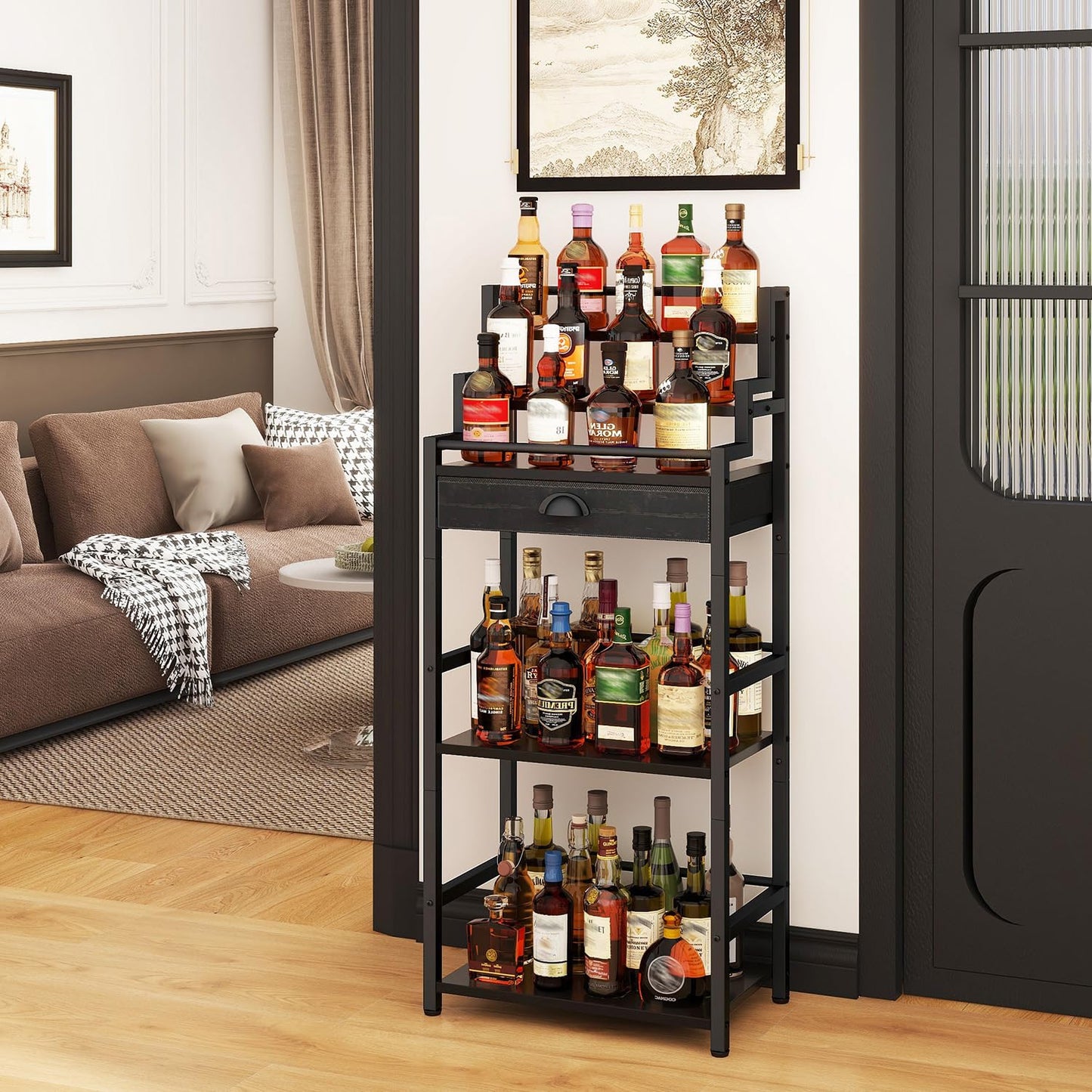 IBUYKE Stepped Wine Rack Freestanding Floor,Bar Cabinet with Drawer and Display Shelf for Whiskey,Corner Liquor Bottle Display Cabinet for Home,Living Room,Dining,Black UTMJ915B
