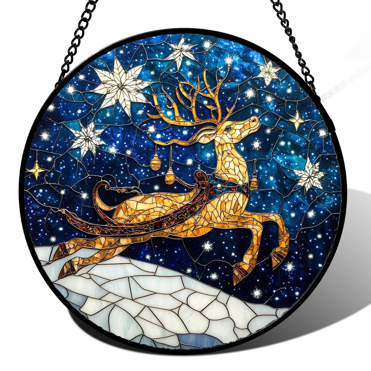 HWRHTR Stained Glass Window Hanging - Reindeer Blue Starry Sky Suncatcher for Doors Home Christmas Decoration Winter Sun Catcher Thanksgiving New Year Birthday Gifts for Women Men Mom Nana 9.8 in