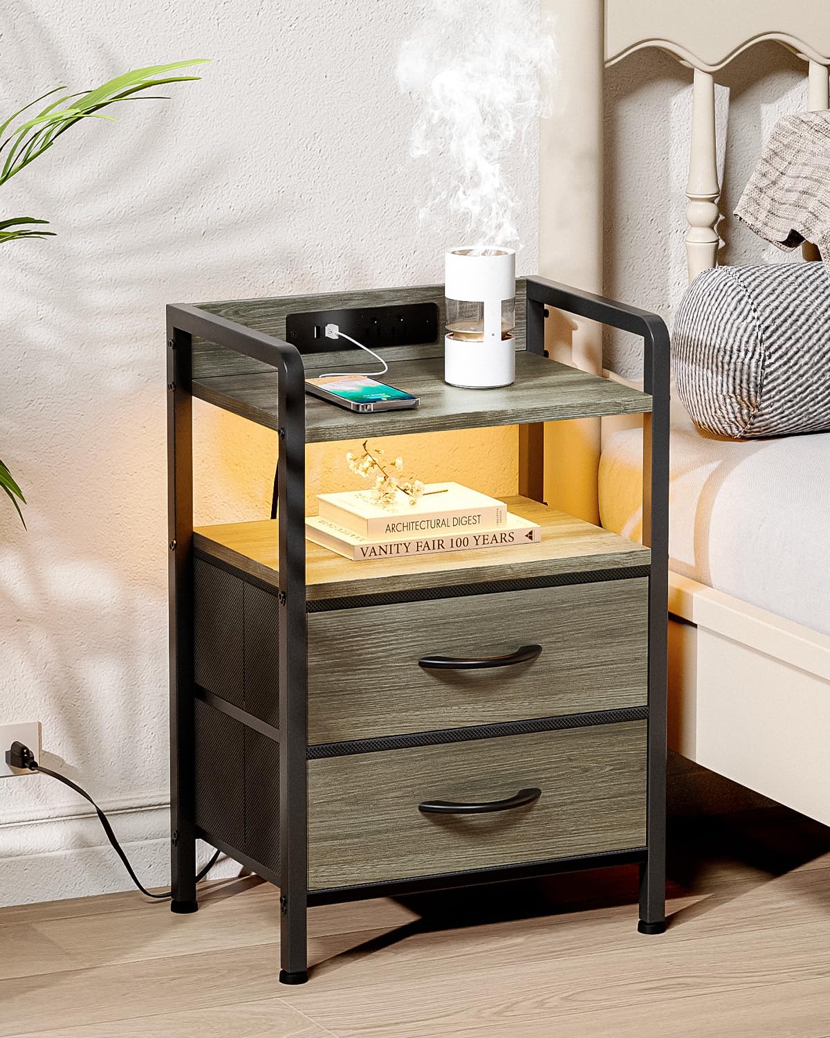 Lazzanto Night Stand Bedside Charger Bedroom - Grey Nightstand with Charging Station & LED Light Strip, Morden End Table with USB Ports & AC Outlets, Night Stand with Storage Shelf & 2 Fabric Drawers