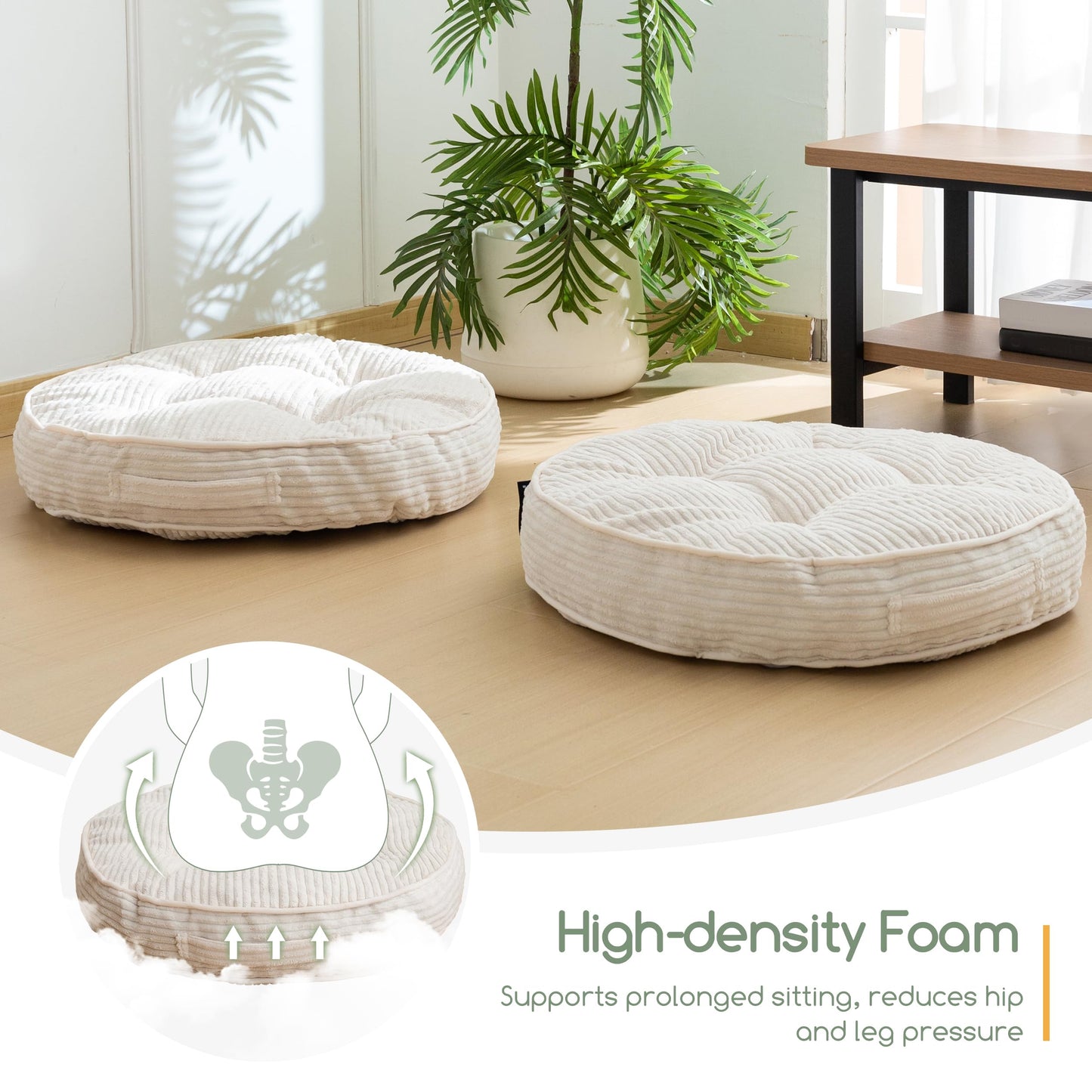 HIGOGOGO Floor Pillow Cushion for Adults, Meditation Cushion Pillow, Large Round Floor Sitting, Tufted Corduroy Cover, for Tatami Living Room or Yoga, 22x22 Inch, Beige