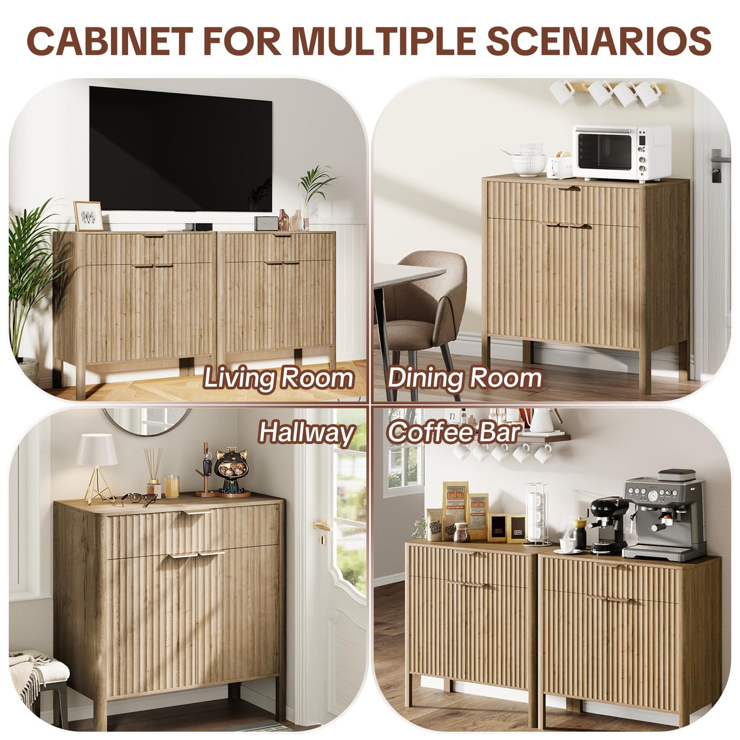 Fluted Buffet Cabinet with Storage - Modern Sideboard Accent Credenza with Doors & Drawer Wood Console Coffee Table Bar Counter for Living Room Kitchen Dining Room Entryway, Easy Assembly 31" Oak