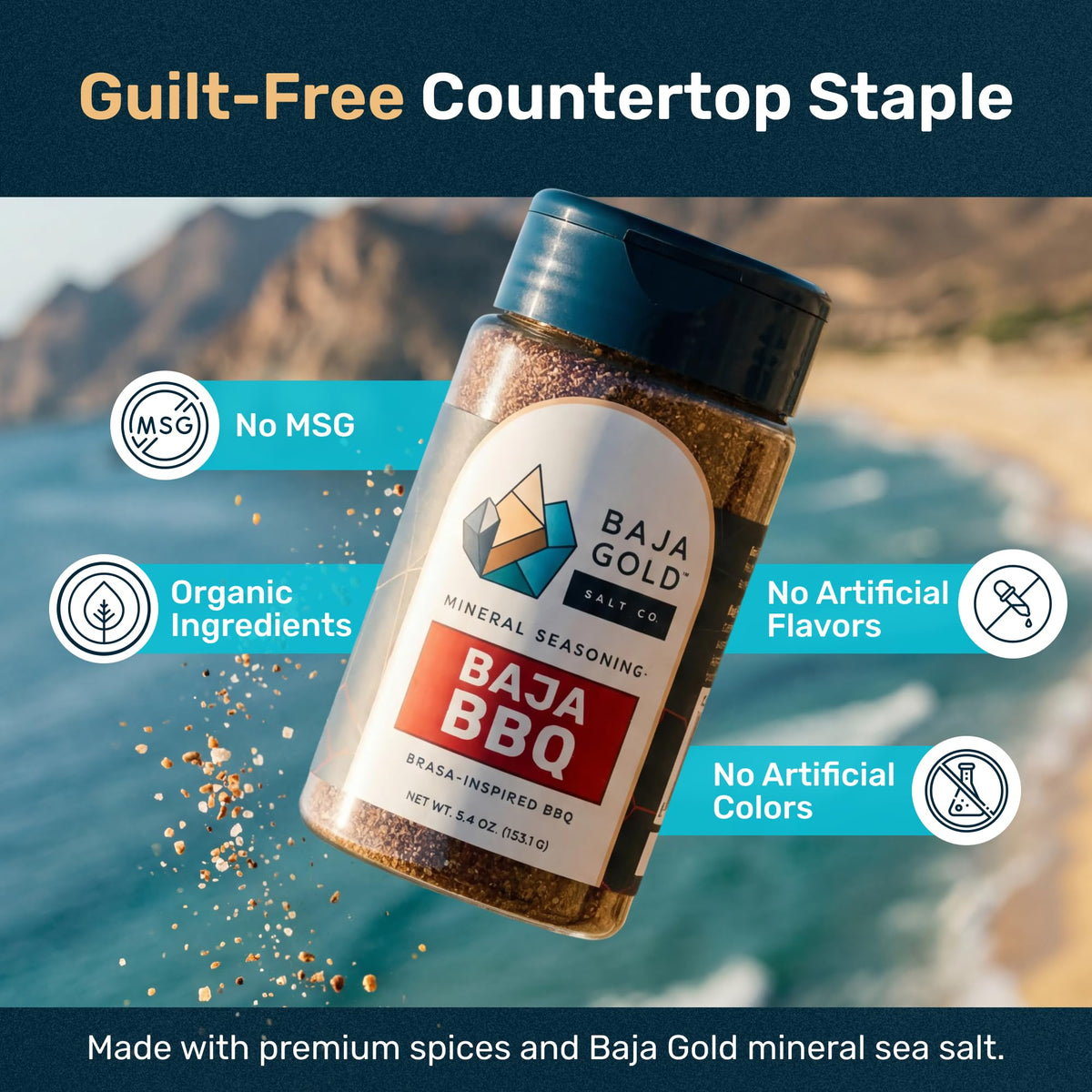 Baja Gold BBQ Seasoning, Smoky Barbecue Rub Blend with Paprika Cane Sugar Black Pepper and Mineral Sea Salt, for Ribs Chicken Pork and Burgers, All Purpose Seasoning and Meat Rub, 5.4 Oz