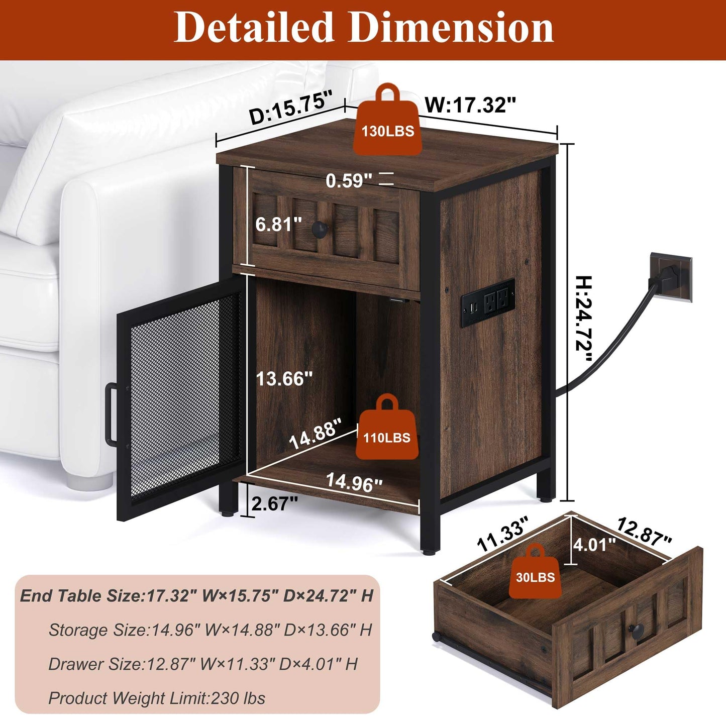 FATORRI End Table with Charging Station, Farmhouse Side Table with Drawer, Rustic Wood and Metal Nightstand and Bedside Tables for Living Room (Rustic Brown)