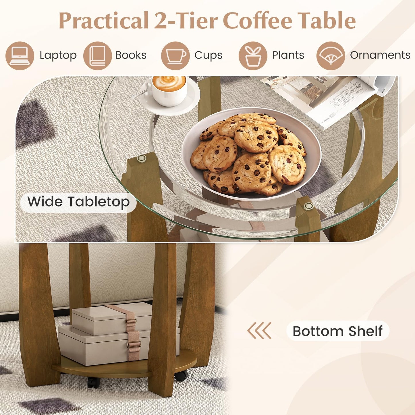 Giantex Round Glass Coffee Table, 32" Rolling Center Tables with Wheels, 2-Tier Cocktail Tea Table with Storage Shelf, Solid Rubber Wood Legs, Tempered Glass Top, Modern Living Room Tables (Walnut)