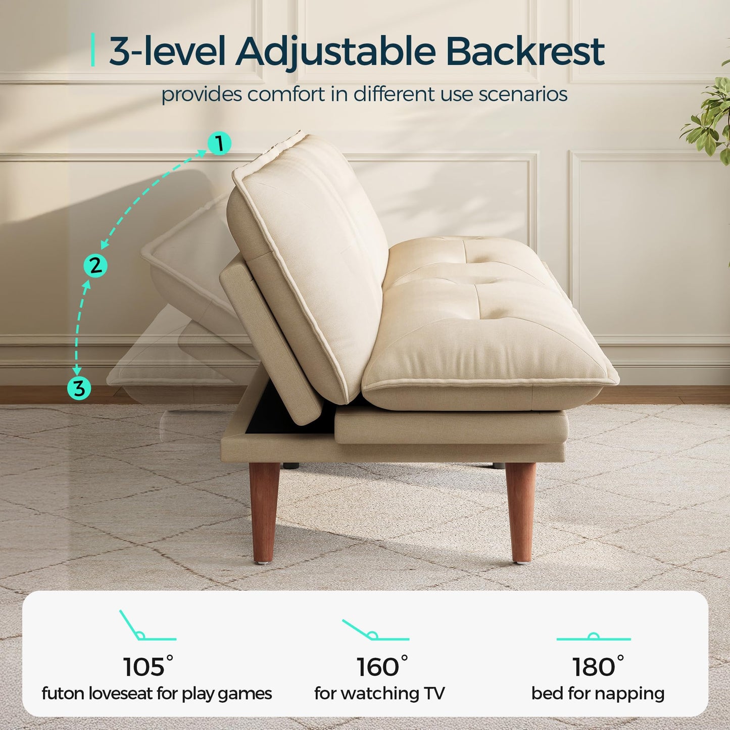 LINSY HOME Futon Sofa Bed, 70" Chenille Futon Couch with Adjustable Backrest Armrest, 3 in 1 Convertible Comfy Loveseat Sleeper Sofa Bed for Small Spaces Dorm Room Apartment Home Office(Khaki)