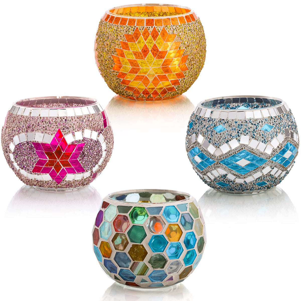 Okllen 4 Pack Glass Votive Candle Holders, Mosaic Tealight Bowls Round Decorative Candle Holder, Handmade Romantic LED Candle Lamps Holder for Home, Table, Party, Wedding Decor, 4 Styles