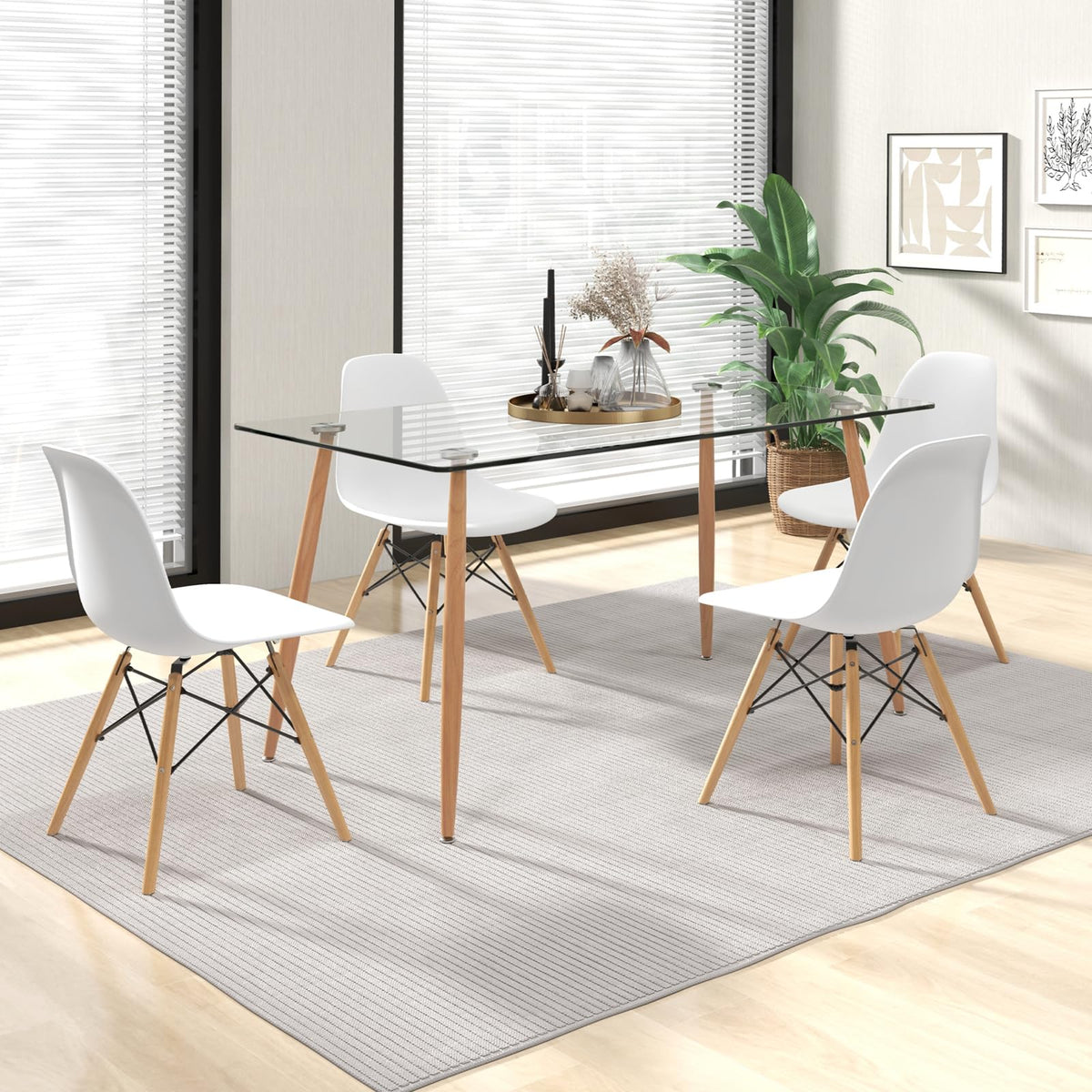 Giantex Dining Table Set for 4, Rectangular Glass Dining Table & 4 White DSW Chairs, 5-Piece Modern Dinette Set for Breakfast Nook, Dining Room, Kitchen, Living Room, White