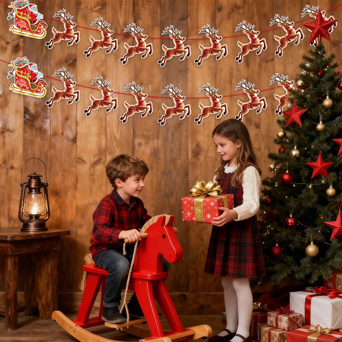 Christmas Banner,2 Set Pre-Strung Santa and Reindeer Bunting Garlands for Merry Christmas Party Decorations,Inside,Home, Office,Fireplace,Wall,Window Hanging Decoration,Xmas Holiday Decor Supplies