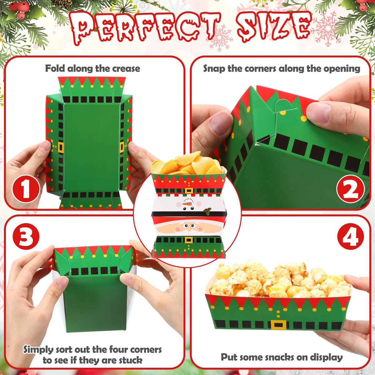 Dunzoom 48 Pcs Christmas Paper Food Trays Plates Disposable Christmas Movie Snack Trays Santa Elf Snowman Red Green Plates Nacho Hot Dog Serving Boat for Xmas Party Supplies Decoration (Style 1)