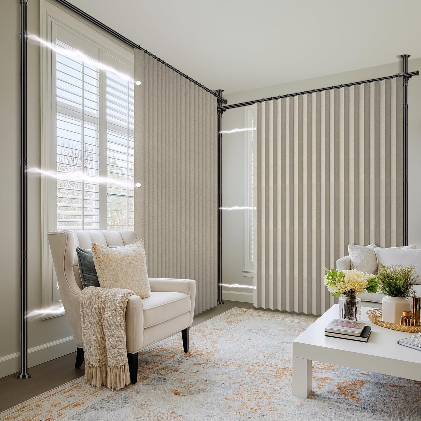 100% Blackout Room Divider Curtains Sets Cream White W100 x L84 in,2 Panels Curtain Rods No Drilling Adjustable Tension (H) 43-120×(W) 35-200 in for Studio Apartment Dorm Office