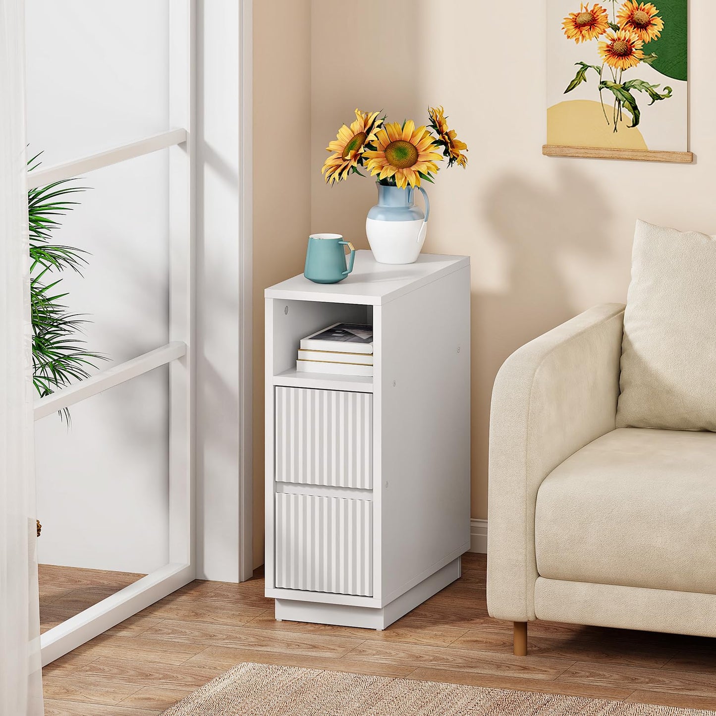 CHOEZON 8.7" Narrow Fluted Nightstand, Small Bedside Table with Drawers, Skinny Side Table, Modern Nightstand with 1 Semi-Open Shelf, Floating End Table, for Living Room, Bedroom, White MBZ12WB