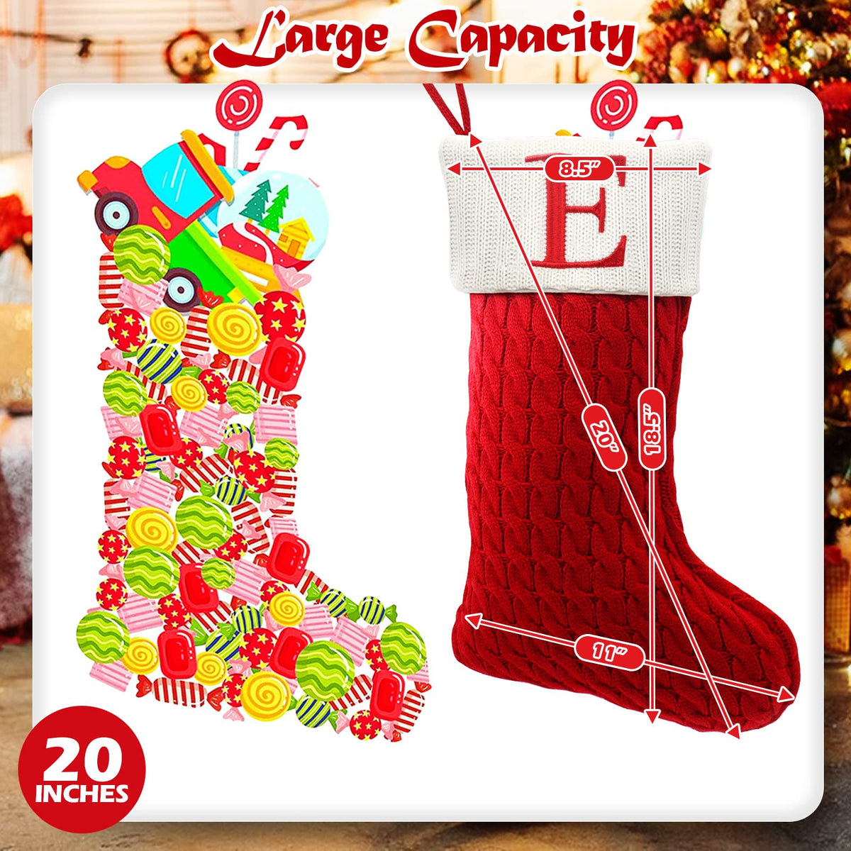 ZOEA 20 Inches Christmas Stockings with Initials, Large Embroidered Letter Knit Christmas Stocking for Family Holiday Decorations and Xmas Gift (E, Red)