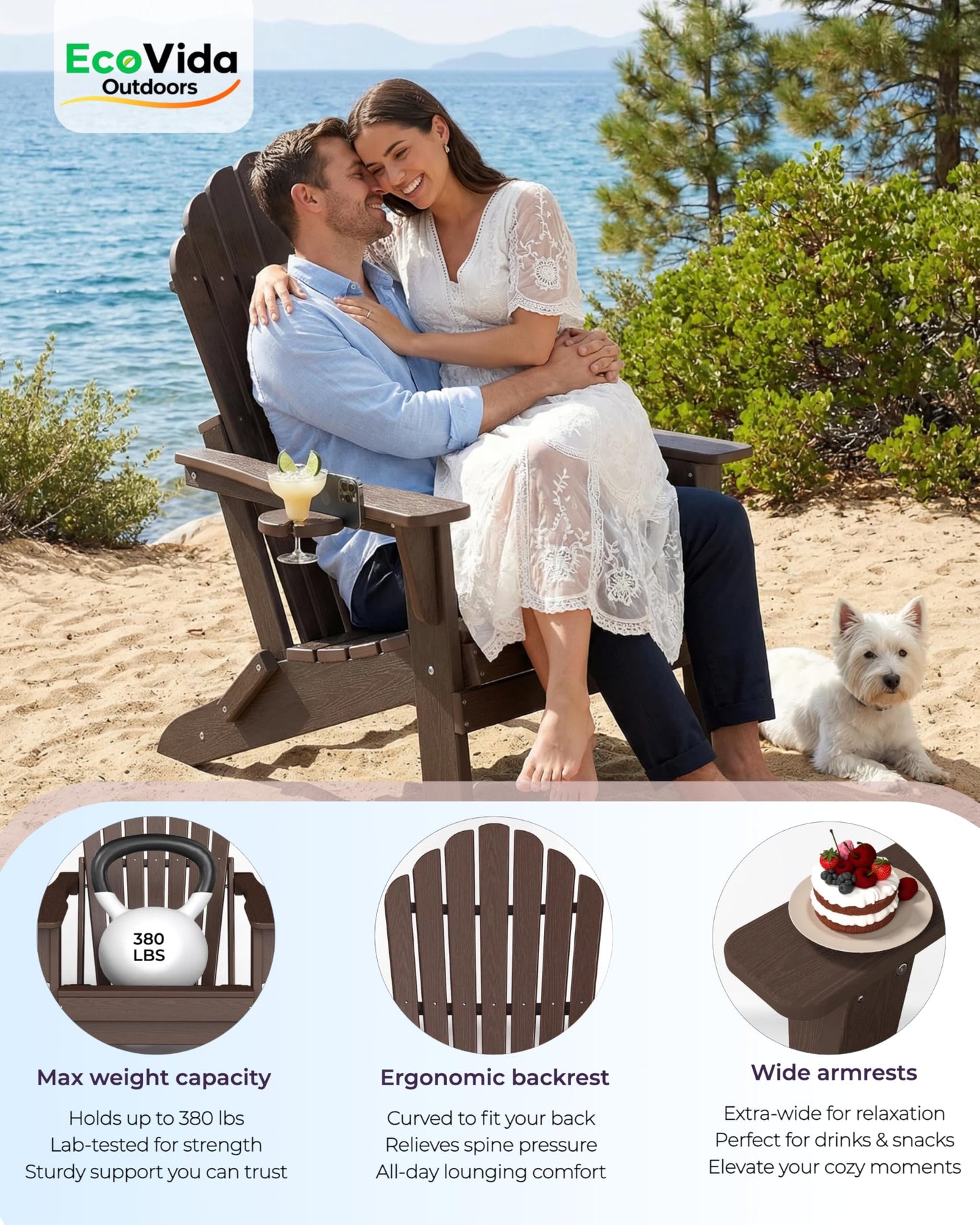 Folding Adirondack Chair with Dual Cup Holders, Ergonomic High Back HDPE Fire Pit Chair, 380lbs Capacity All-Weather Outdoor Patio Lounge Chair for Garden, Deck, Yard - Coffee