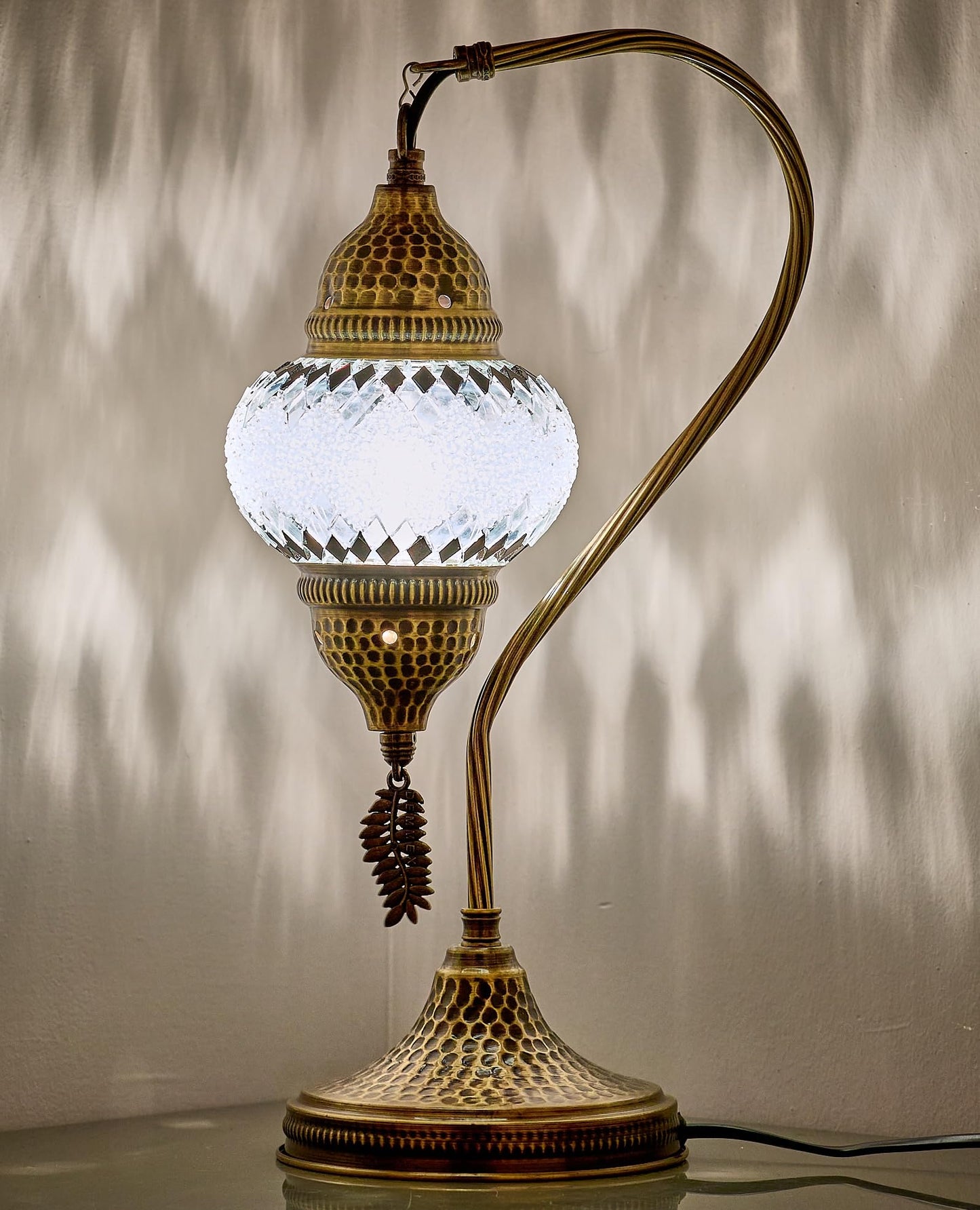 DEMMEX Turkish Moroccan Table Lamp, Swan Neck Tiffany Style Mosaic Glass Table Desk Bedside Lamp for Bedroom, Living Room – Handcrafted in Turkey, White Black