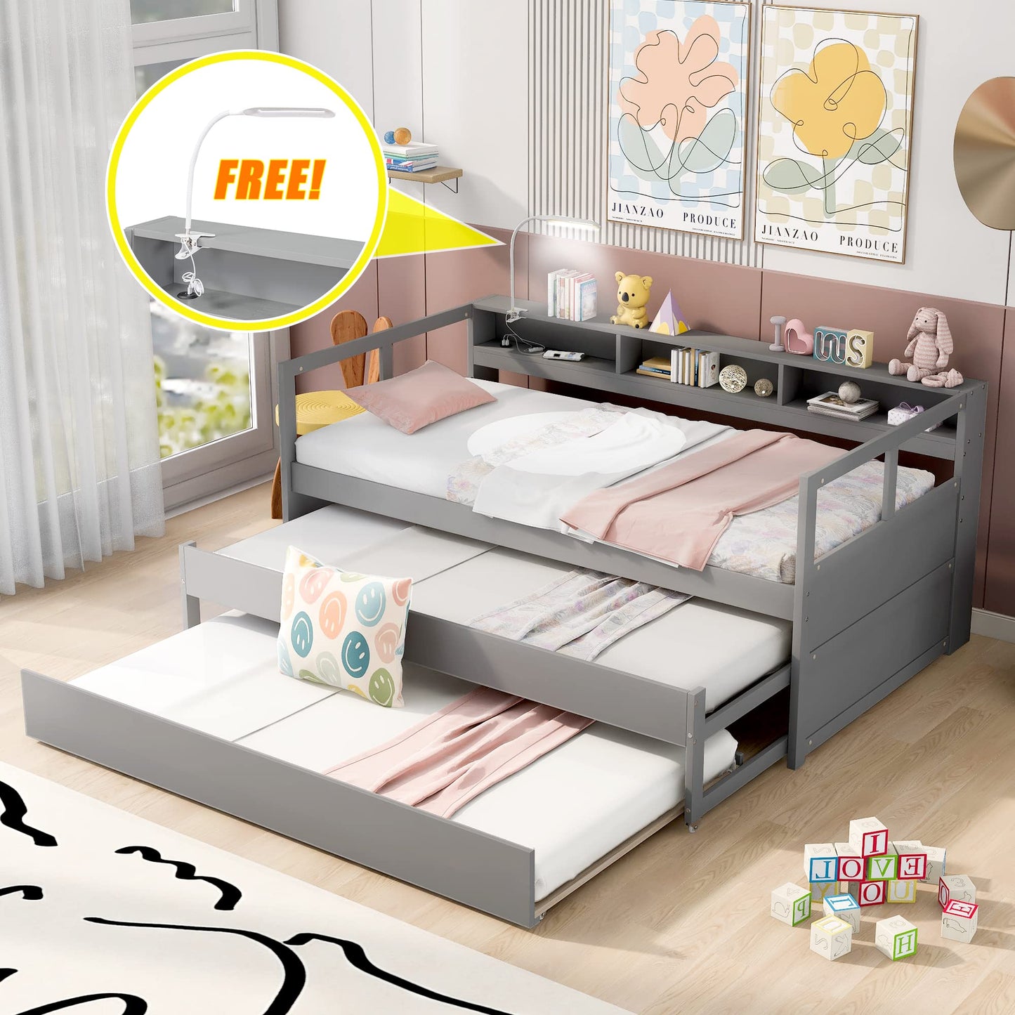 Harper & Bright Designs Twin XL Wood Daybed with 2 Twin Size Trundles, 3 Storage Cubbies, 1 Light for Free and USB Charging Design, No Box Spring Needed - Gray