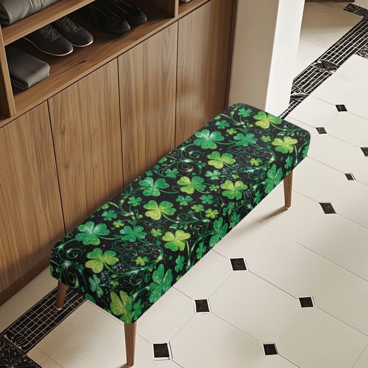 Cugasmaru Saint Patrick's Day Dining Bench Covers Soft Seat Cushion Protector Green Leaves Washable Stretch Dining Bench Cover for Dining Room Living Room Kitchen Easy to Clean