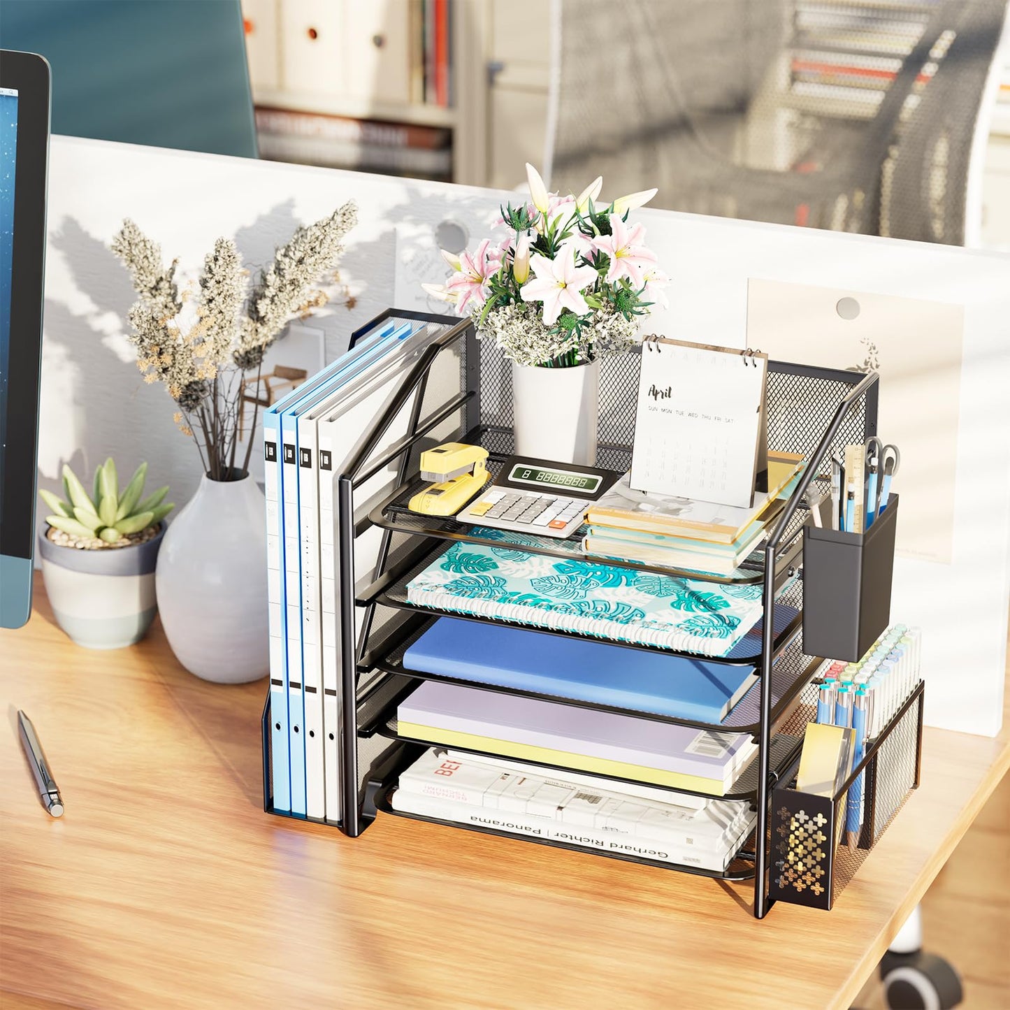 Simple Trending Desk Organizers and Accessories, 5-Tier Desk File Organizer, Paper Letter Tray Organizer with File Holder and Pen Container, Black