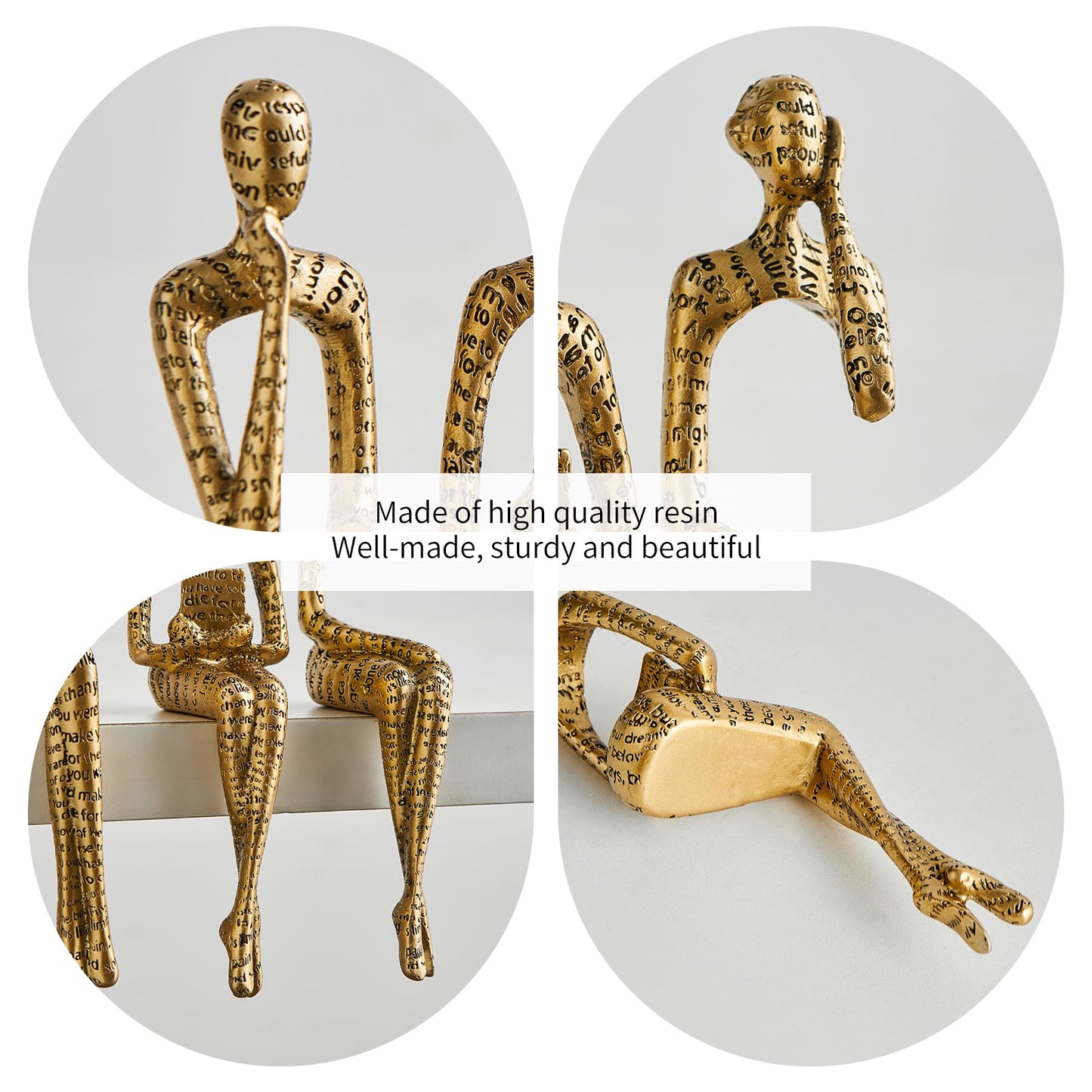 FJS Thinker Sculpture Statue Gold Home Decor, Modern Abstract Art Figurines for Bookshelf Desk Office, Decorations for Living Room Accent, Gift for Book Lovers (Gold)