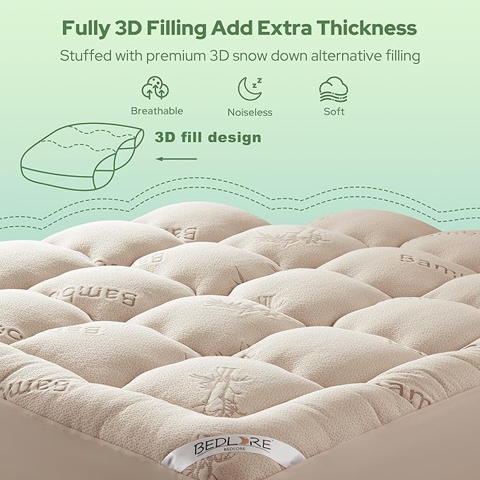 BEDLORE Full Size Mattress Topper Viscose Derived from Bamboo, Thick Pillow Top