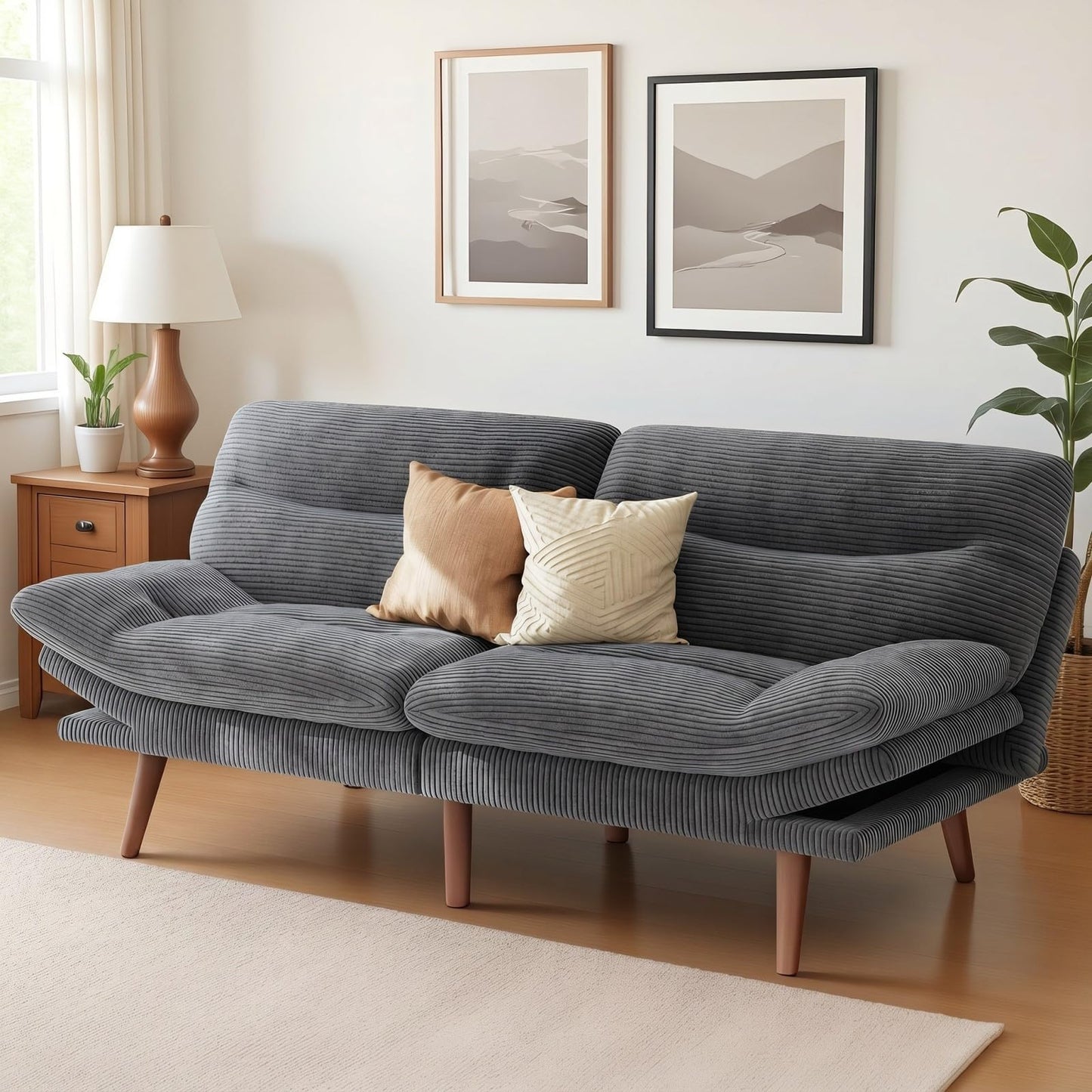 Marsail 66" Futon Sofa Bed, Convertible Corduroy Futon Couch with Adjustable Backrest & Armrests, Small Sleeper Sofa Loveseat for Living Room, Apartment, Office, Grey