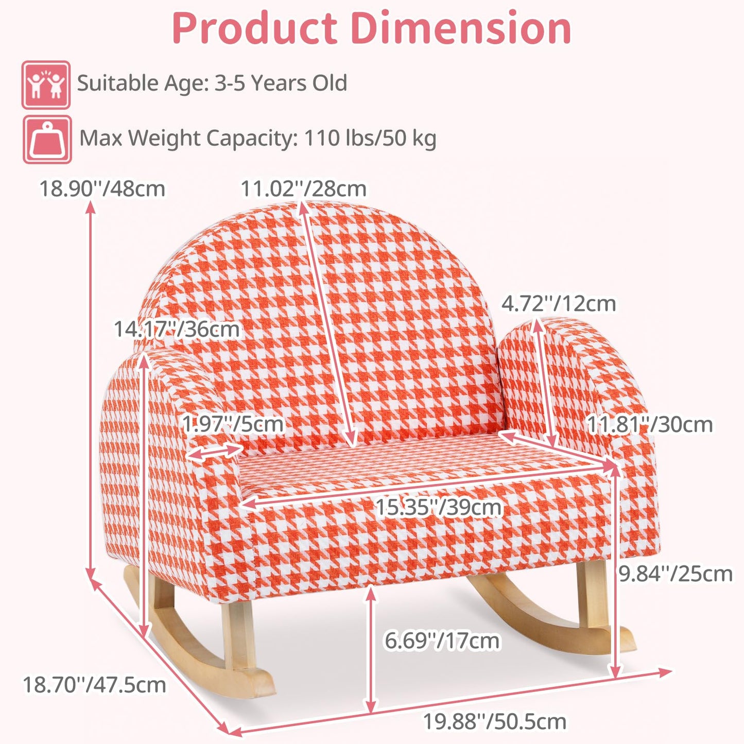 INFANS Kids Sofa, Toddler Rocking Chair with Solid Wooden Frame, Anti-Tipping Design, Plush Fabric, Children Armchair for Nursery Kindergarten Gift for Boys Girls (Rocking Chair, Orange)