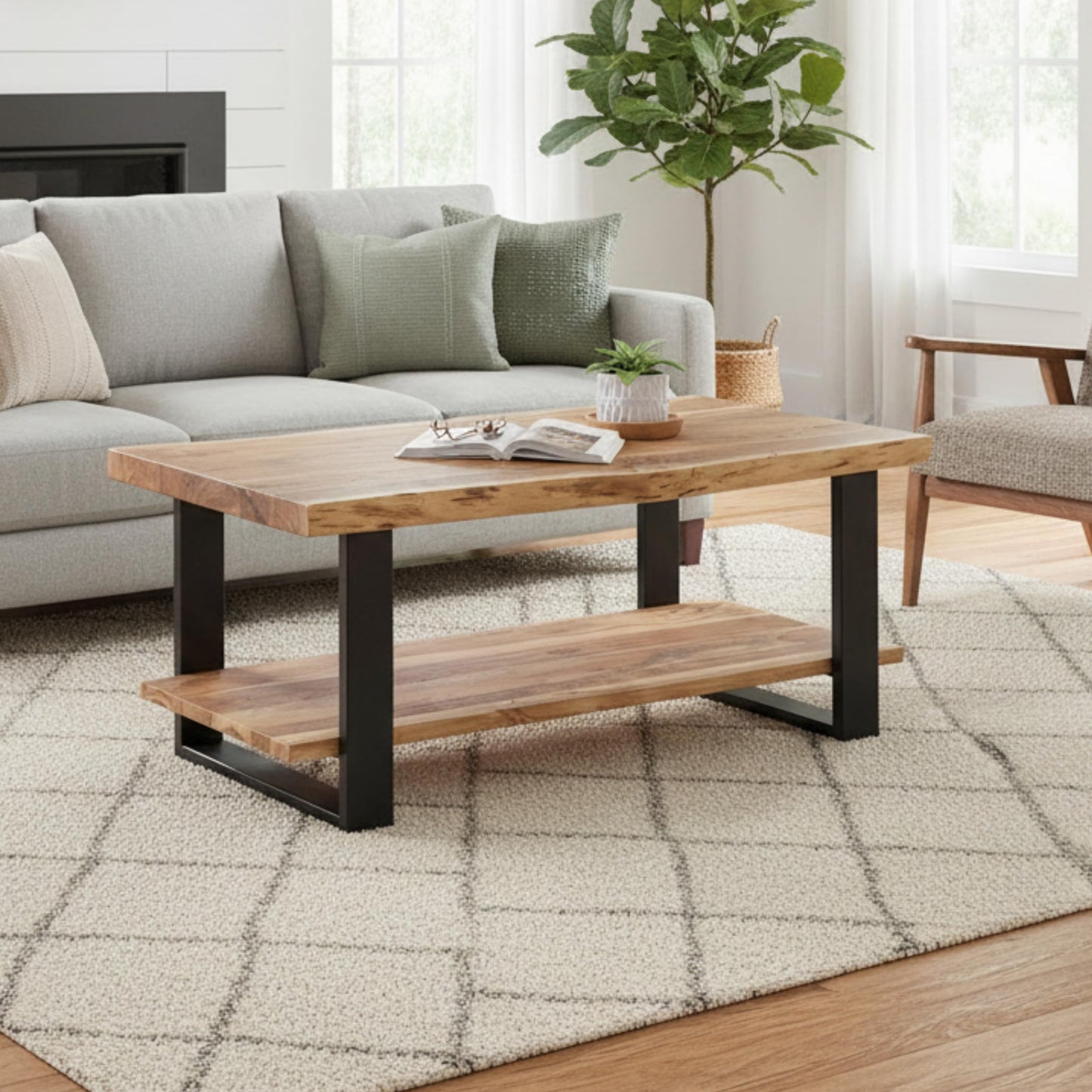 Alaterre Furniture Alpine 2-Tier Live Edge Coffee Table – 42" Solid Acacia Wood with Natural Finish, Lower Shelf Storage and Metal Frame – Rustic Industrial Style for Living Room or Home Office