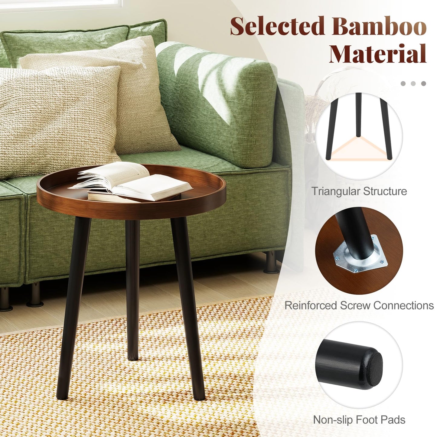 Giantex Round End Table, Mid Century Modern Side Table with Wooden Tray & Bamboo Legs, Sofa Couch Accent Table, Small Coffee Table for Small Space Living Room, Nightstand for Bedroom, Walnut