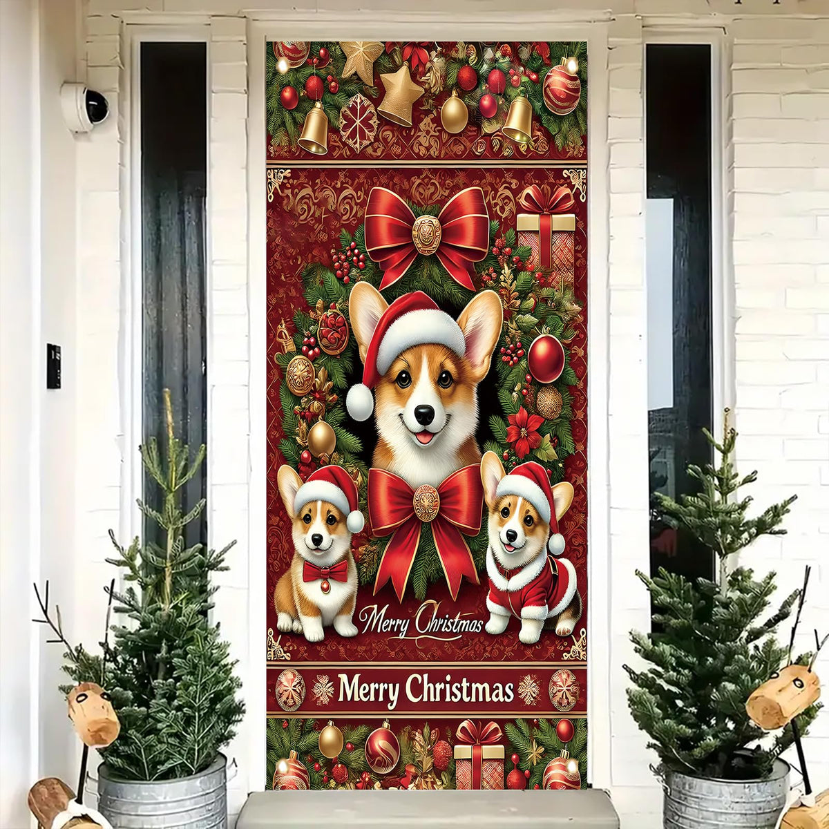 Saoplasa Christmas Corgi Door Cover Decoration 71 x 35 Inch Red Festive Banner with Cute Santa Dog Design and Holiday Wreath for Merry Christmas Wall Decor Party Welcome Backdrop Sign