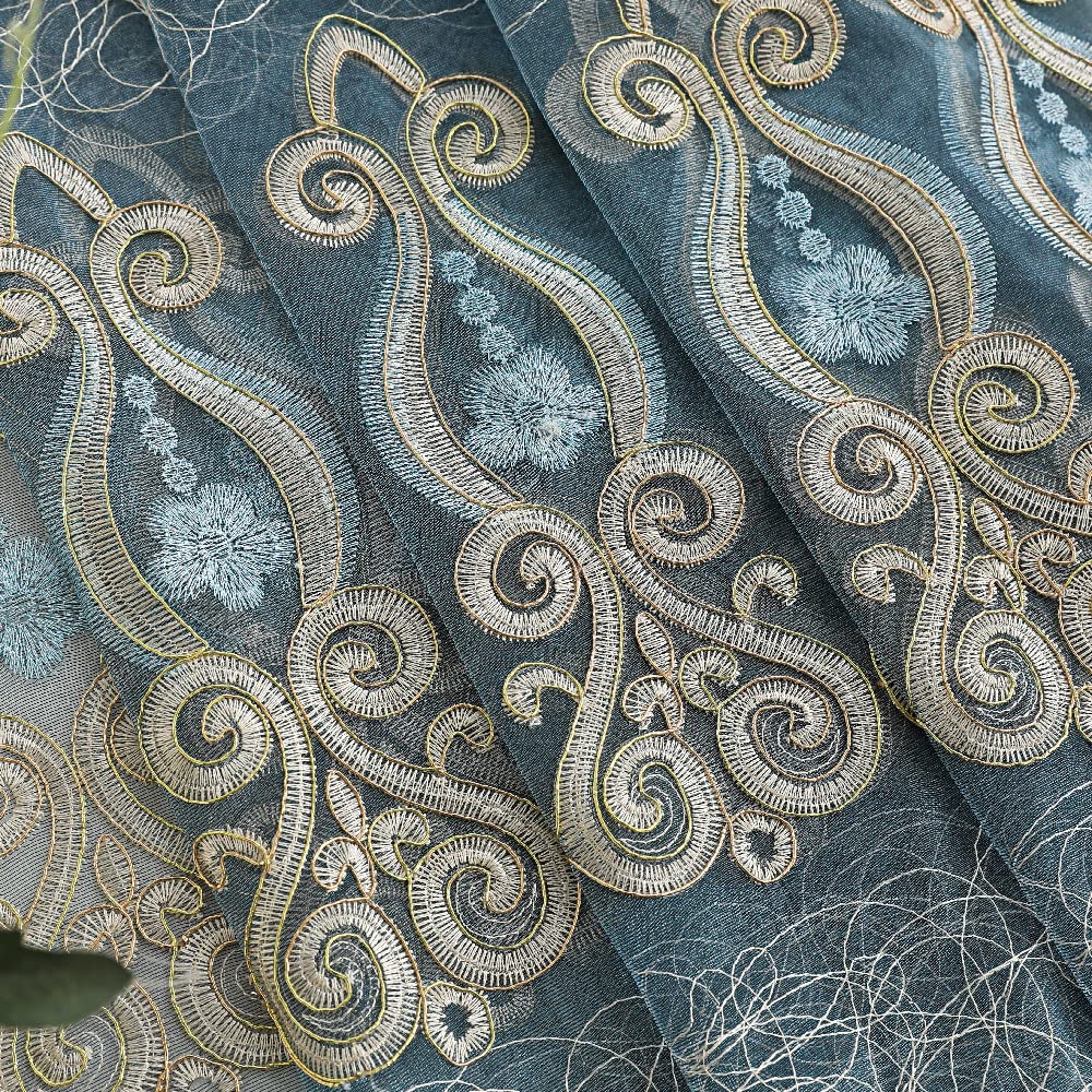 Amidoudou 1 Pair European Jacquard Sheer Curtains Embroidered Tulle Curtains Living Room Bedroom Luxury Translucent Window screening (Blue Grey,63x96 Inch)