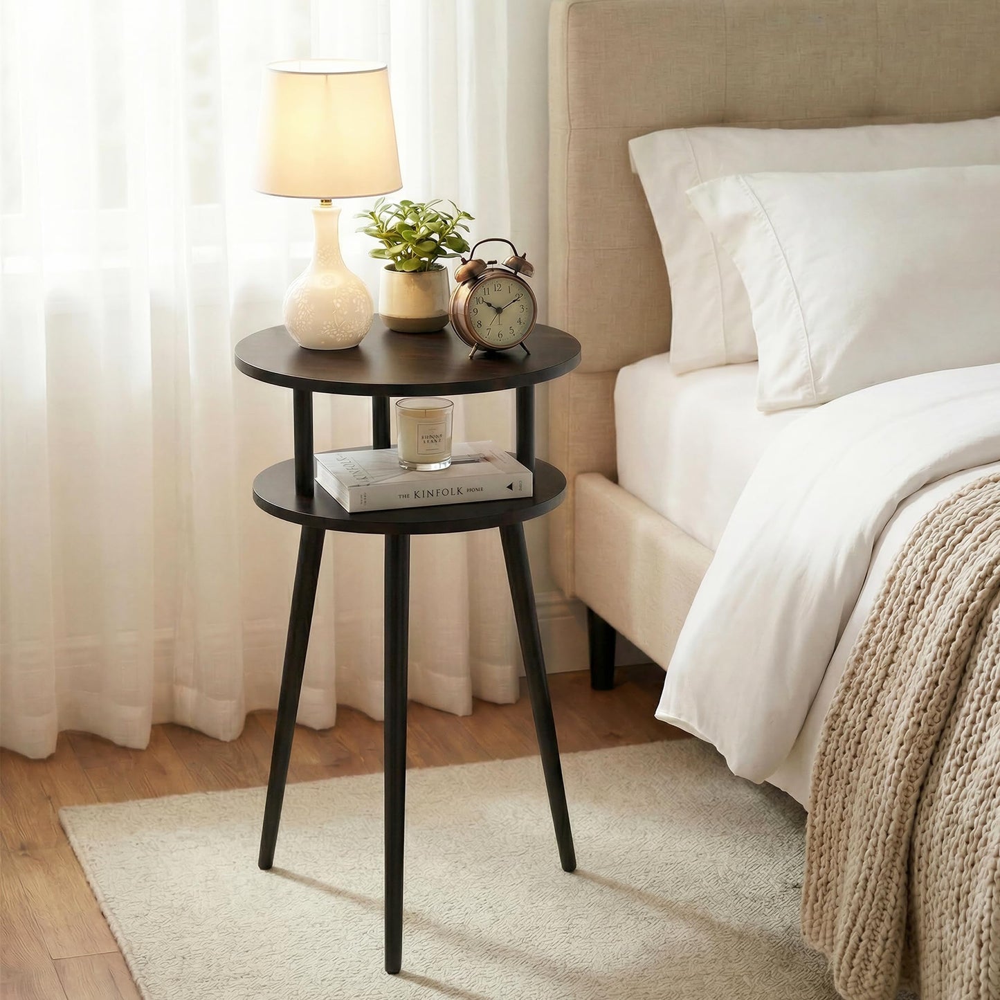 MWOOD Small End Table for Living Room, 2-Tier Round Side Accent Table, Compact Sofa Bedside Table Nightstand, Dark Weathered Expresso Walnut Wood Shelf for Bedroom Corner Small Spaces