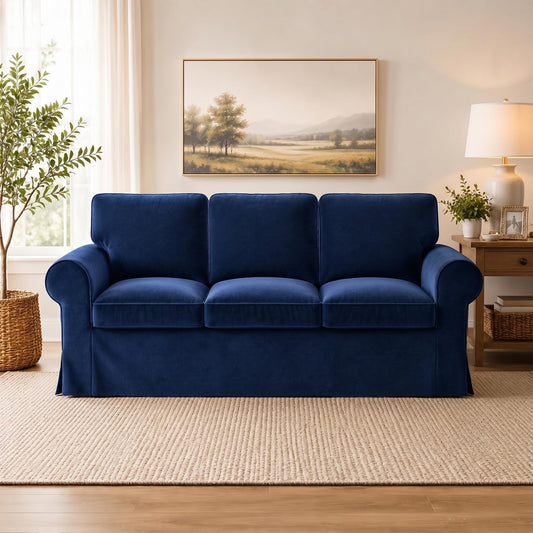 Velvet Pet-Friendly Replacement Sofa Cover Compatible for IKEA Ektorp 3 Seat Sofa Slipcovers, Couch Cover Only, 7-Piece Slipcover, Navy Blue, Couch Cover Not Include The Sofa Body
