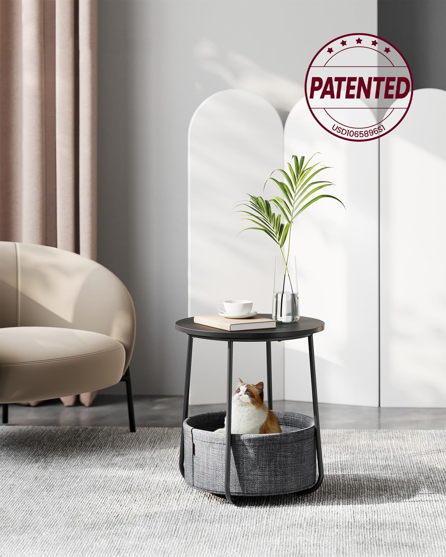 VASAGLE LILEA Collection - Small Round Side End Table, Modern Nightstand with Fabric Basket, Ebony Black and Slate Gray ULET223B01