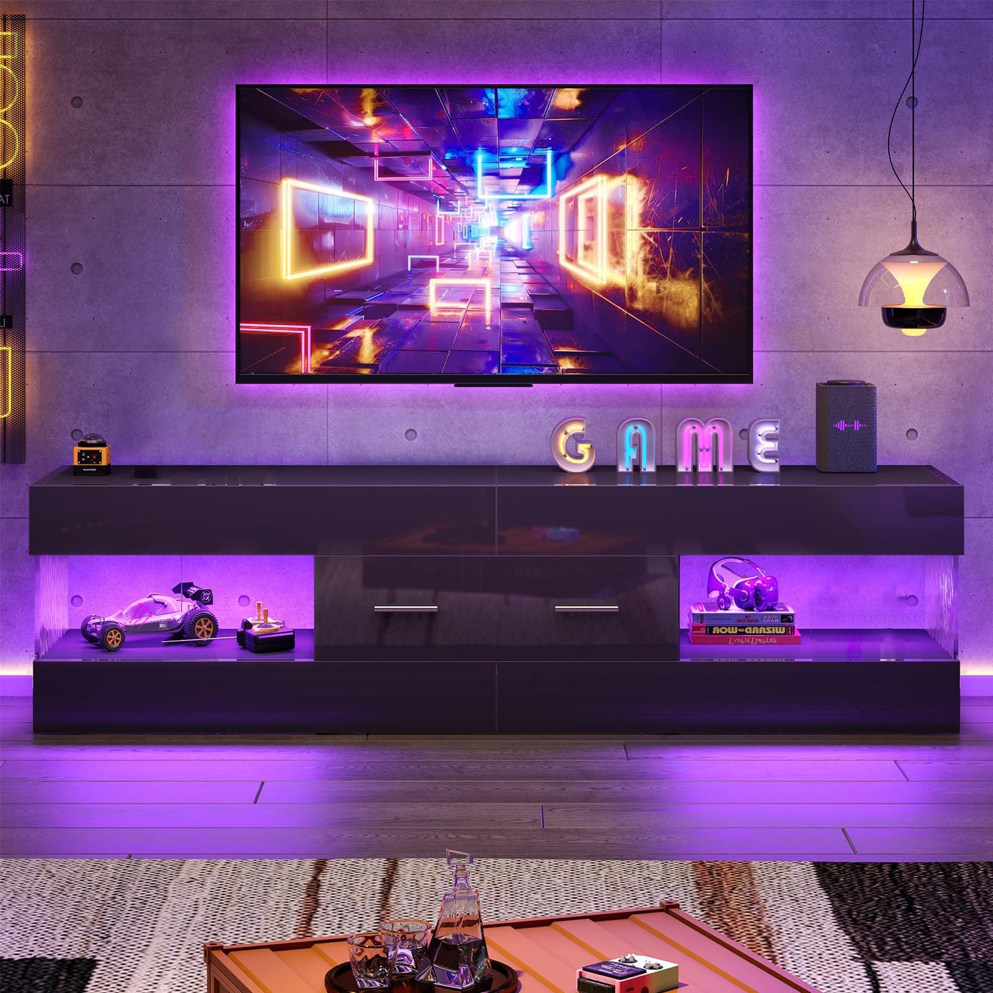 Bestier Black TV Stand for 55/60/65 Inch TV, High Gloss Modern TV Stand with Stone-Patterned Side Panels, LED Entertainment Center with Large Drawer, TV Consoles for Living Room, Bedroom