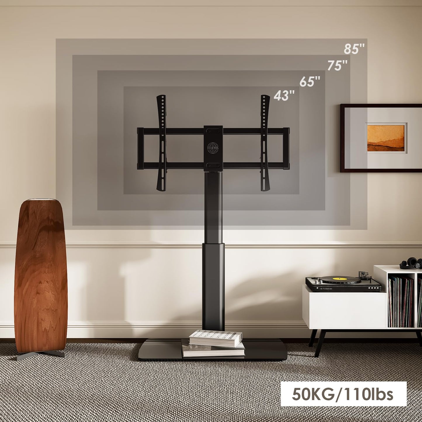 FITUEYES Universal TV Stand Mount for 43-80 85 inch TVs, Swivel Tall TV Mount Stand, Table Top TV Stand Base Replacement, Height Adjustable TV Table Stand, Glass Base, Max Holds 110lbs