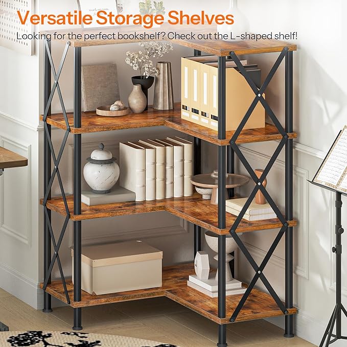 HOOBRO Corner Bookshelf, 4-Tier L-Shaped Bookcase, Industrial Open Display