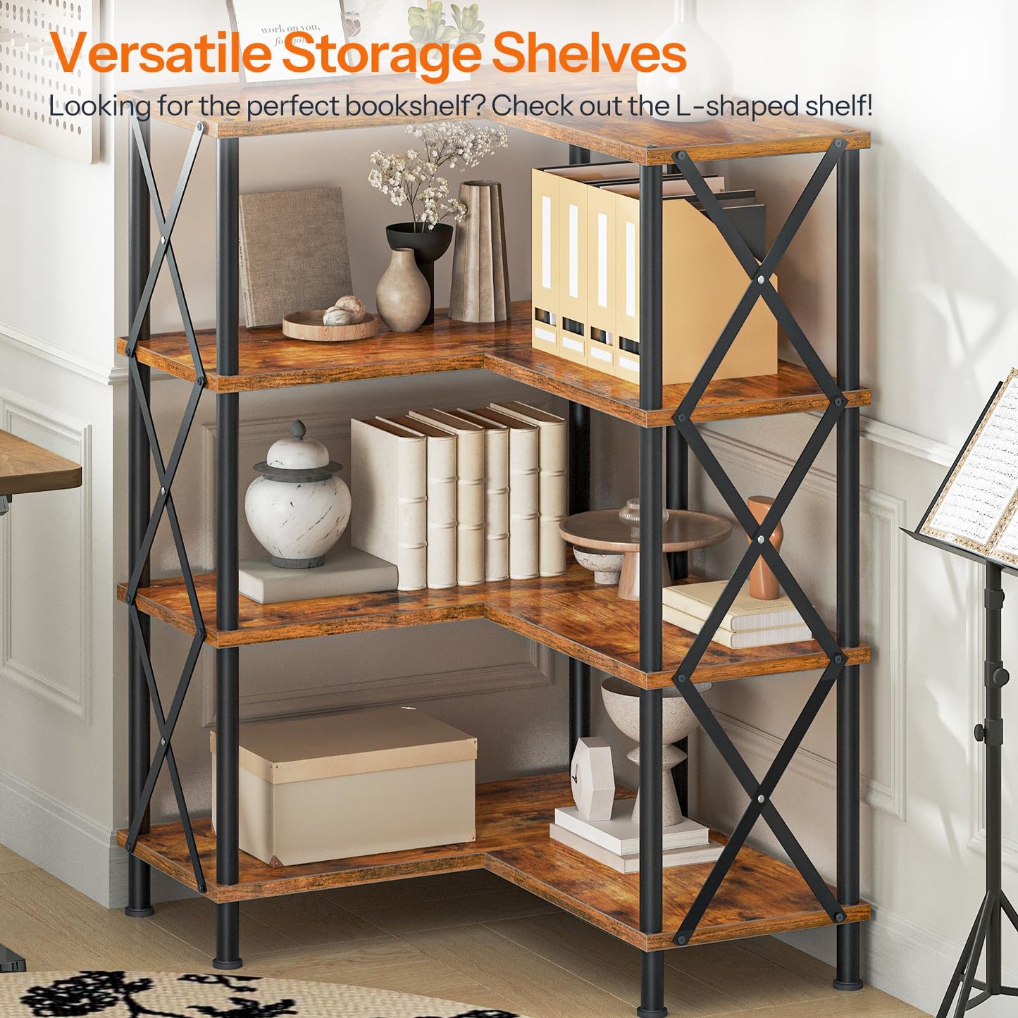 HOOBRO Corner Bookshelf, 4-Tier L-Shaped Bookcase, Industrial Open Display Shelf Tall Storage Organizer, Vertical Storage Rack, for Living Room, Home Office, Rustic Brown and Black BF59SJ01