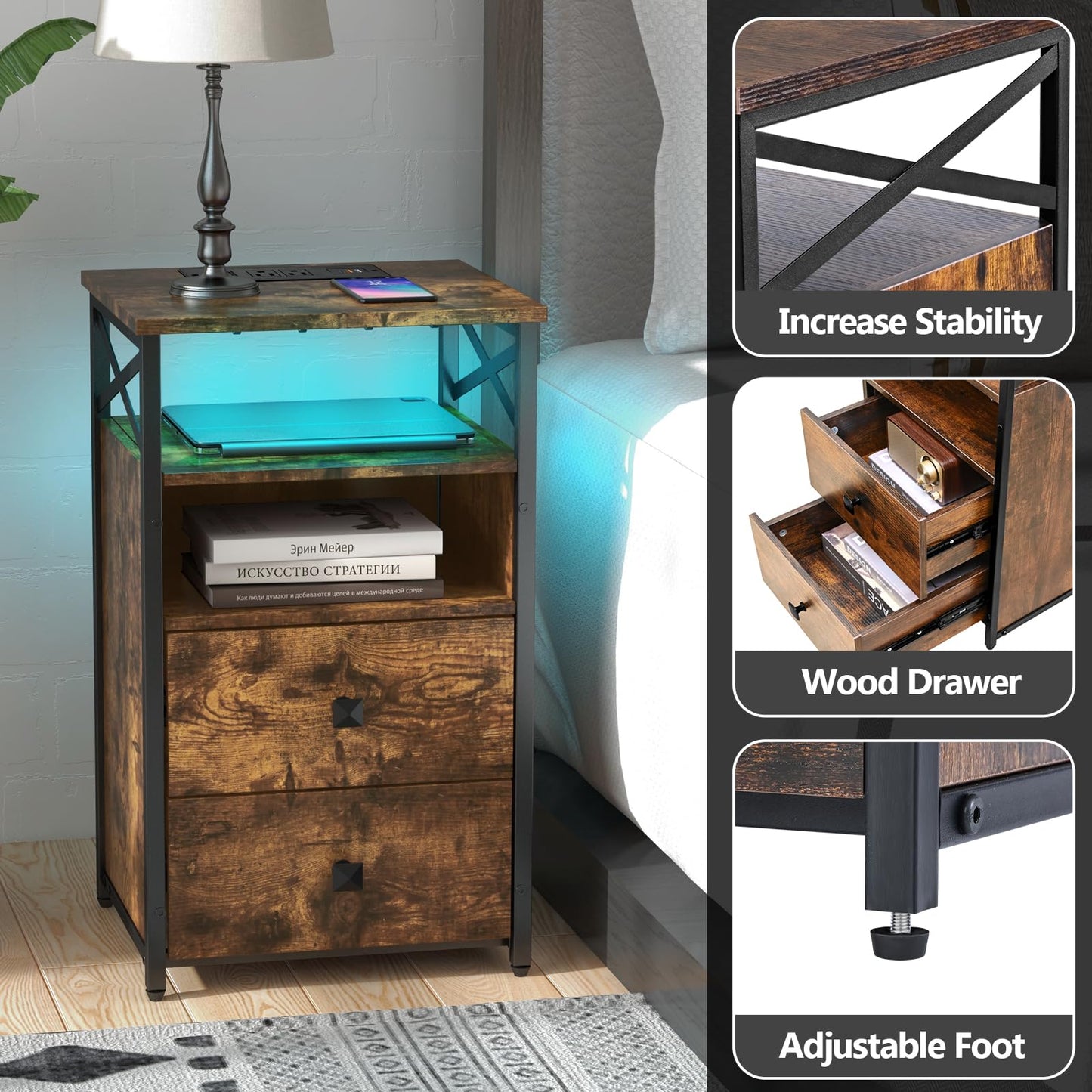 Livofloral LED Nightstand with Charging Station and Wood Drawers, Side Tables Living Room with Outlets, Farmhouse End Table with Storage, Bedside Table for Bedroom with LED Light, Brown