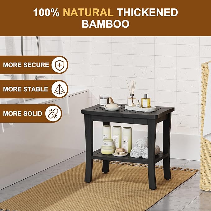 Extra Bamboo Black Shower Bench Stool Waterproof Shower Chair Spa Bath Seat