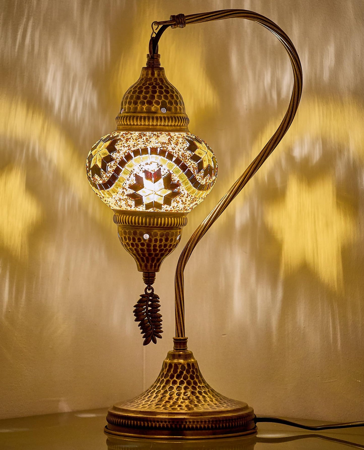 DEMMEX Turkish Moroccan Table Lamp, Swan Neck Tiffany Style Mosaic Glass Table Desk Bedside Lamp for Bedroom, Living Room – Handcrafted in Turkey, Amber Brown