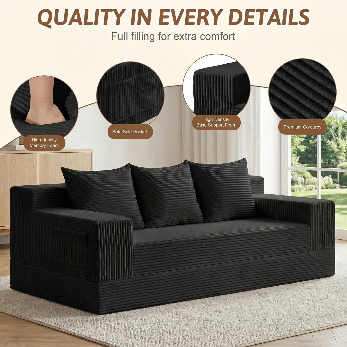 NLDD 78" Convertible Sofa Bed, Foldable Floor Couch Futon Sofa,High-Density Sponge Boneless Couch, 3 Seater Sleeper Couch with 3 Pillows for Living Room Bedroom Lounge (Black)