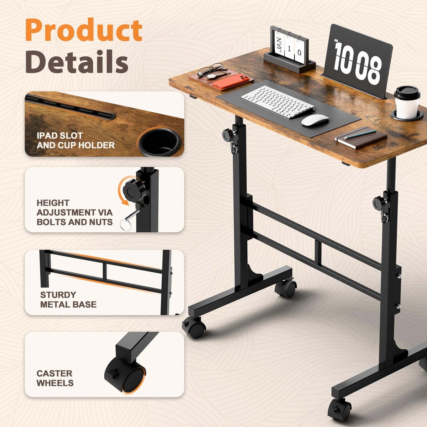 Shahoo Standing Desk Adjustable Height, Mobile Stand Up Desk with Wheels, 32 Inch Portable Rolling Desks, Computer Office Workstations for Office, Sofa, Bedroom, Rustic Brown