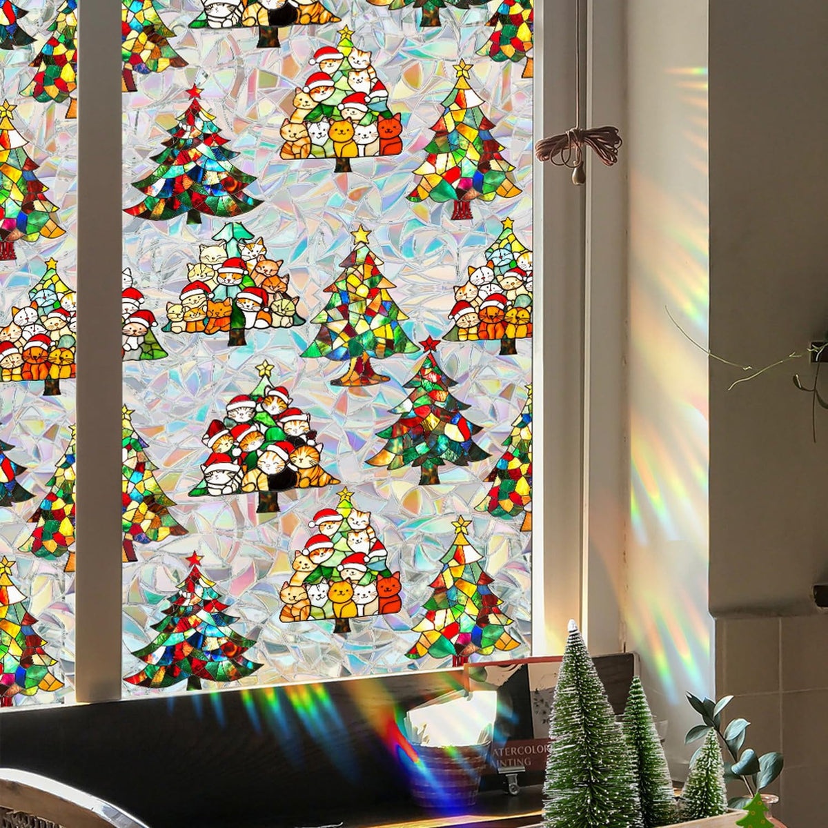 Christmas Window Privacy Film Cartoon Cute Animal Window Clings Decoration Privacy Stained Christmas Tree Glass Stickers for Winter and Christmas Party Glass Decor Supplies 17x 39.3 Inch